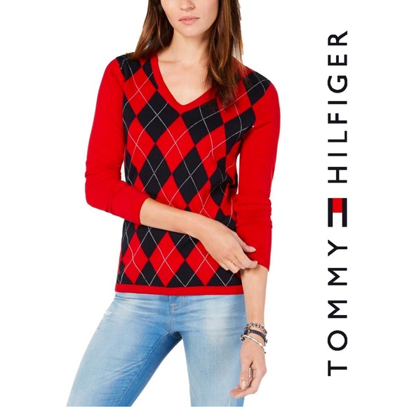 Tommy Hilfiger Sweaters - Tommy Hilfiger Women’s Red/Navy Argyle Sweater, M